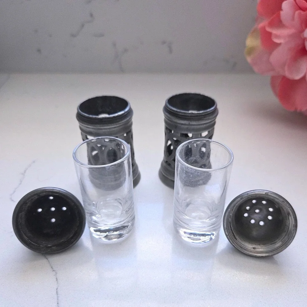 VTG Cosi Tabellini Pewter Salt Pepper Shakers Glass Inserts Lattice Openwork Set